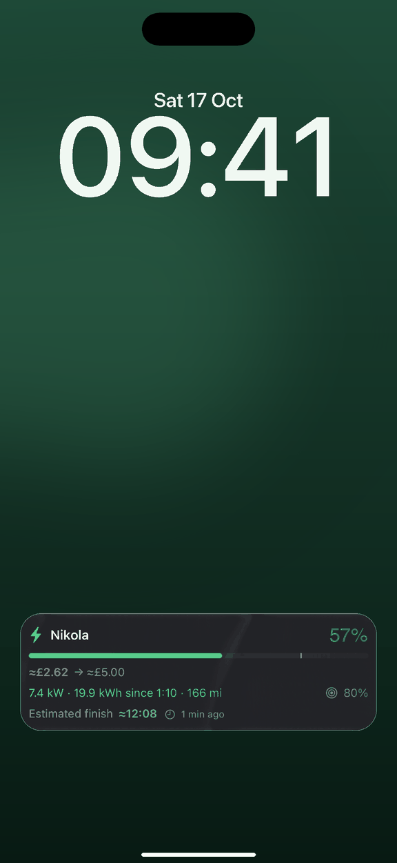 Charging Live Activity on the Lock Screen: kWh, cost and finish time